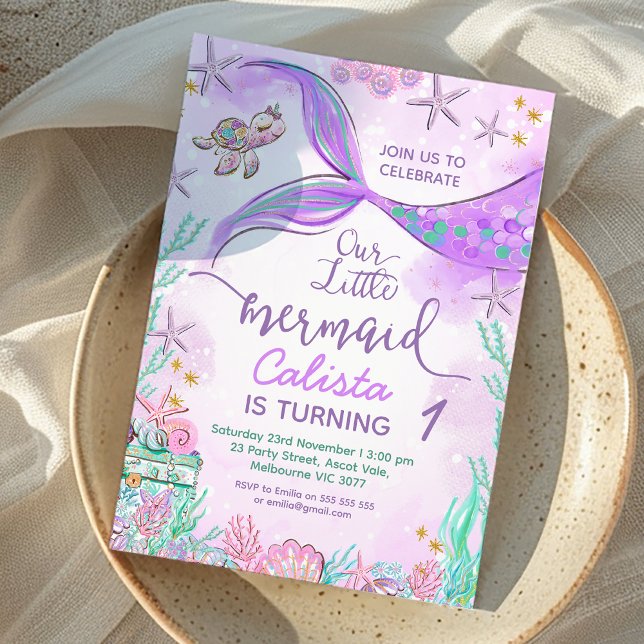 Invitación Morado Verde azulado Nuestra Sirenita Primer Cumpl (Purple Teal Our Little Mermaid 1st Birthday Invitation, Instant Under the Sea Mermaid Birthday Party)