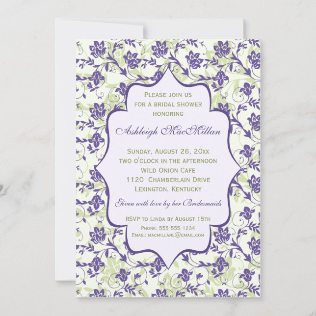 Invitación Morado, verde, marfil Floral, ducha de novia (Anverso)