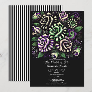 Invitación Morado Verde Negro Raya Floral Boda de Halloween