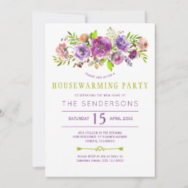 Invitación Morado verde rústico boho floral fiesta de la casa