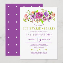 Invitación Morado verde rústico boho floral fiesta de la casa