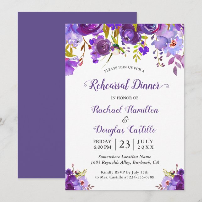 Invitación Morado violeta acuarela Floral Ensayo de cena (Anverso / Reverso)