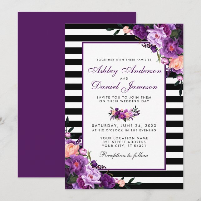 Invitación Morado Violeta Floral Black Stripes Boda PB (Anverso / Reverso)