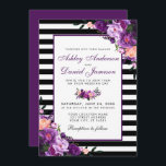 Invitación Morado Violeta Floral Black Stripes Boda PB<br><div class="desc">Púrpura Ultra Violeta Floral y Tarjeta de invitación de matrimonio rayado negro y blanco - Púrpura Atrás</div>