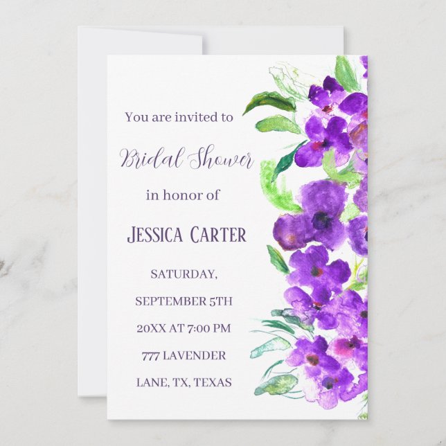 Invitación Morado Violeta Floral Boho Bridal Shower (Anverso)