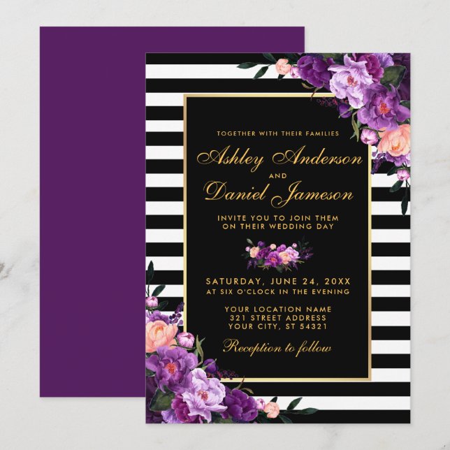 Invitación Morado Violeta Floral Oro Negro Stripes Boda BP (Anverso / Reverso)