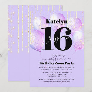 Invitación Morado virtual dulce 16 globos de natalidad