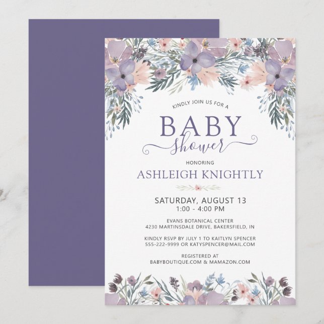 Invitación Morado Watercolor Floral Baby Shower (Anverso / Reverso)