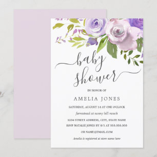 Invitación Morado Watercolor Floral Baby Shower