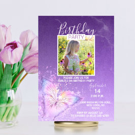 Invitación Morado Watercolor Mariposa Chica Cumpleaños | FOTO