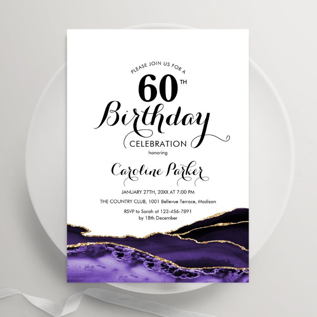 Invitación Morado White Gold Agate 60 cumpleaños (Subido por el creador)