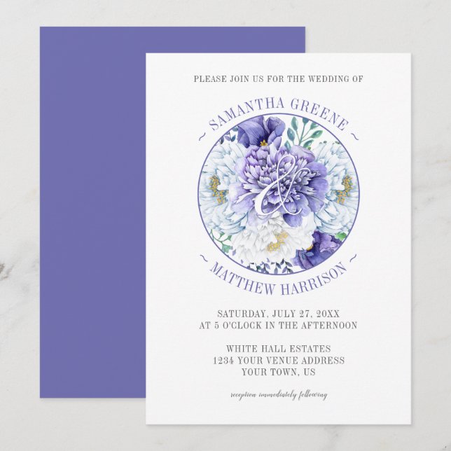 Invitación Morado White Peonies Popaca al Boda de tipografía (Anverso / Reverso)
