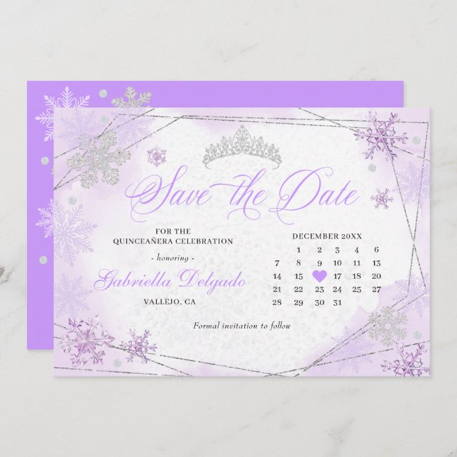 Invitación Morado Winter Wonderland Snowflake Save the Date (Anverso / Reverso)