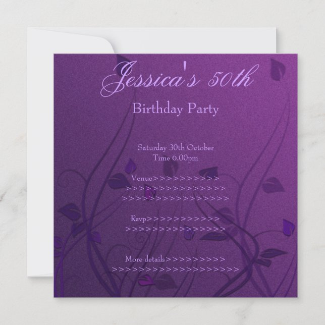 Invitación Morado Wispy Leaf Floral 50 cumpleaños (Anverso)