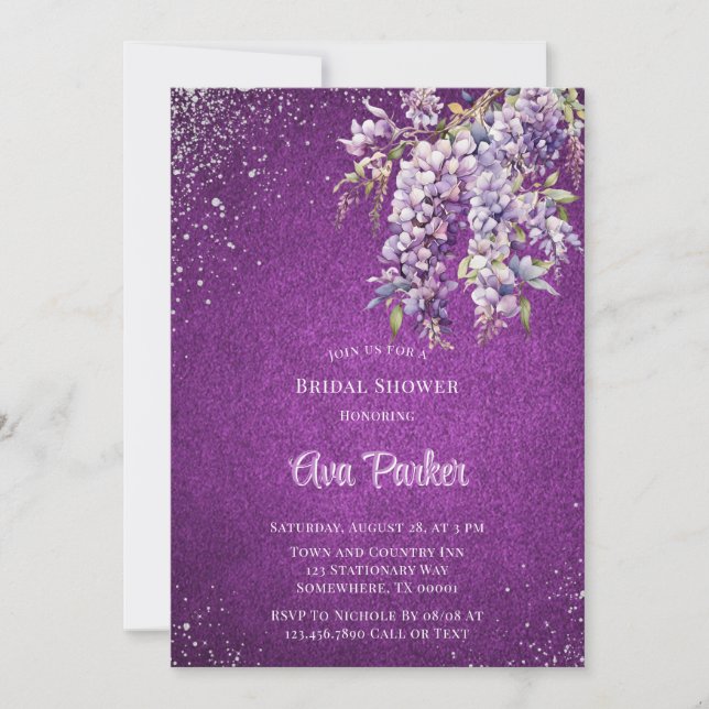 Invitación Morado Wisteria Purpurina Plata Ducha de Novias (Anverso)