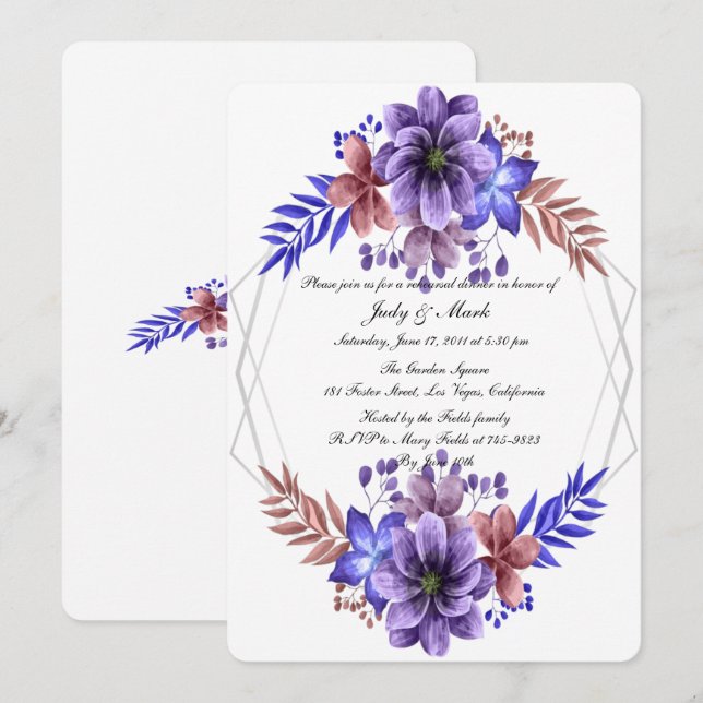 Invitación Morado Y Azul Acuarela Ensayo Floral Cena (Anverso / Reverso)