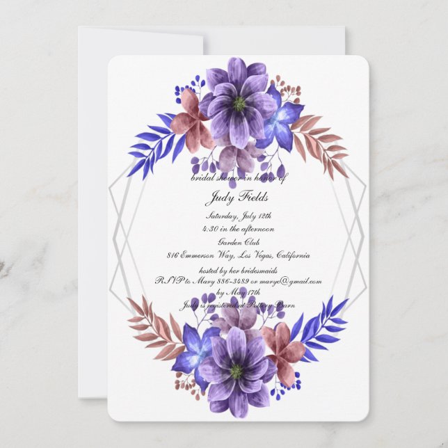 Invitación Morado Y Azul Acuarela Floral Ducha De Novias (Anverso)