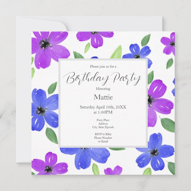 Invitación Morado y azul acuarela Floral Motif (Anverso)