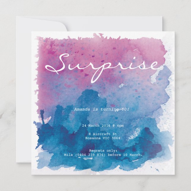 Invitación Morado y azul acuarela Sorpresa Cumpleaños (Anverso)