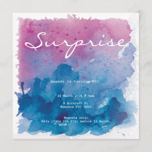 Invitación Morado y azul acuarela Sorpresa Cumpleaños