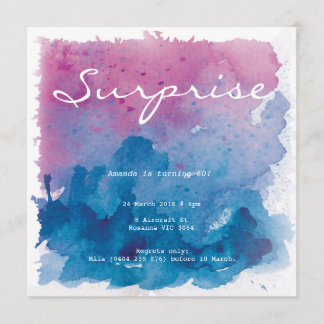 Invitación Morado y azul acuarela Sorpresa Cumpleaños
