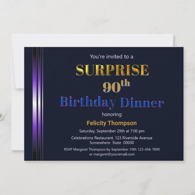 Invitación Morado y azul marino sorprenden 90 aniversario de  (Anverso)
