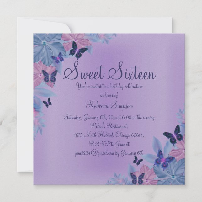 Invitación Morado y azul Shimmer mariposa dulce 16 Invite (Anverso)