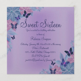 Invitación Morado y azul Shimmer mariposa dulce 16 Invite