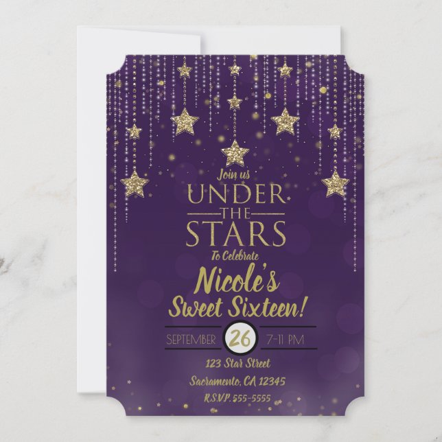 Invitación Morado y Bronce Bajo Las Estrellas Dulces 16 (Anverso)