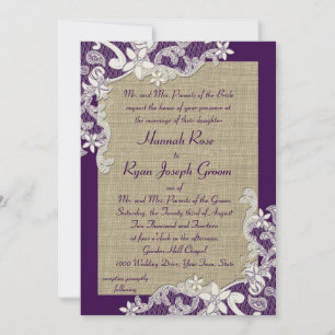Invitación Morado y Burlap Vintage Floral