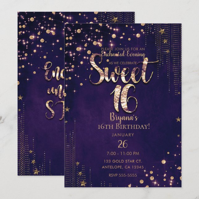 Invitación Morado y dorado dulce 16 brillantes estrellas Fies (Anverso / Reverso)