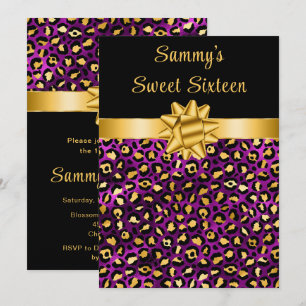 Invitación Morado y dorado Leopardo Imprimir dulce Dieciséis