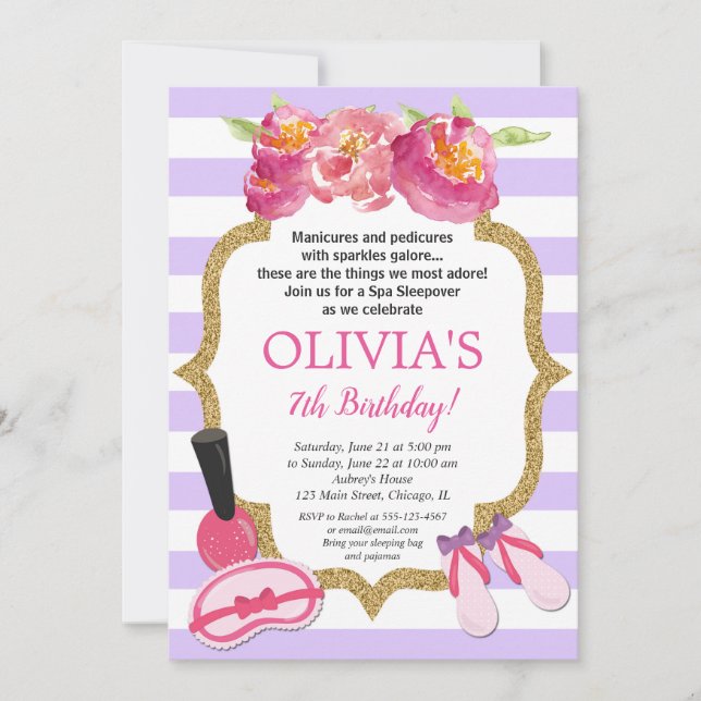 Invitación Morado y dorado Spa Sleepover Fiesta de cumpleaños (Anverso)