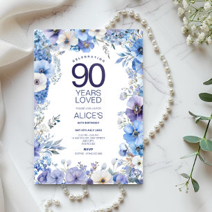 Invitación Morado y Floral Azul 90 cumpleaños, hito