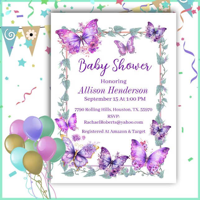 Invitación Morado Y Lavanda Butterfies Baby Shower (Subido por el creador)