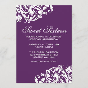Invitación Morado y lechón blanco florecen dulces 16 cumpleañ