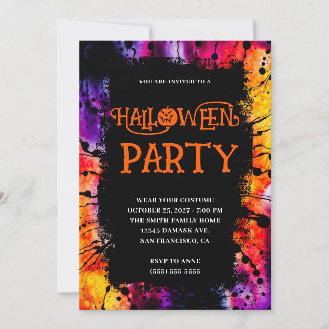 Invitación Morado y Naranja Feliz Día de Halloween (Anverso)