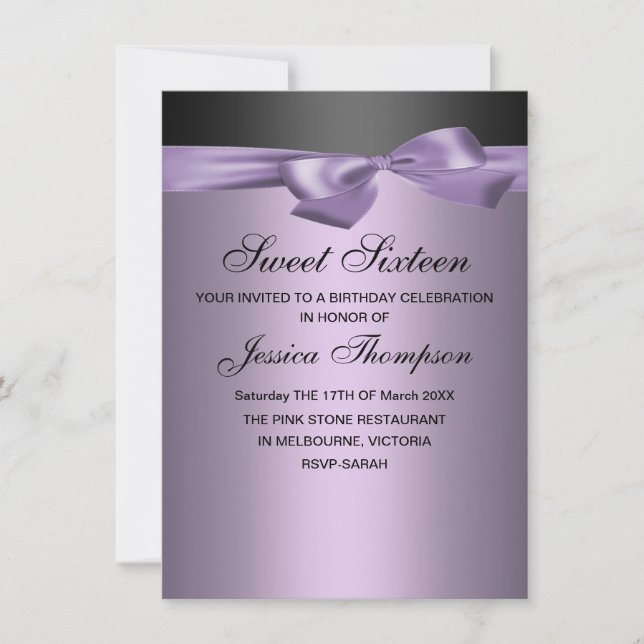 Invitación Morado y negro dulce de vaca 16 cumpleaños invitac (Anverso)