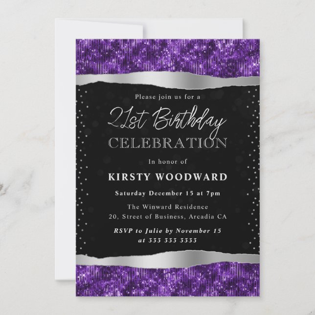 Invitación Morado y negro Shimmer Purpurina 21º cumpleaños (Anverso)