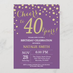 Invitación Morado y oro 40.º Diamante de cumpleaños