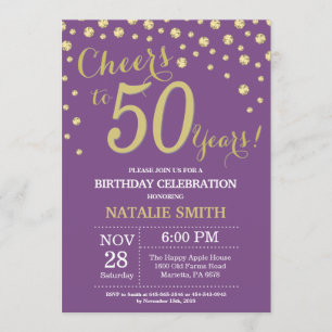 Invitación Morado y oro 50.º Diamante de cumpleaños