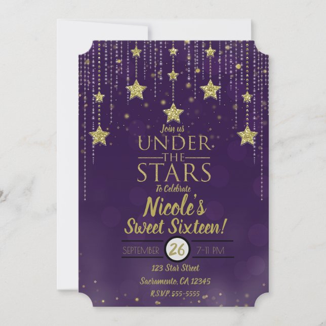 Invitación Morado y oro bajo las estrellas Starry Sweet 16 (Anverso)