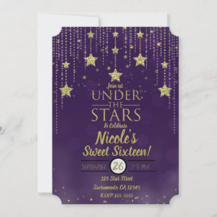 Invitación Morado y oro bajo las estrellas Starry Sweet 16