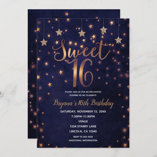 Invitación Morado y Oro Estrellas Celestial Sky Sweet 16 Fies (Anverso / Reverso)