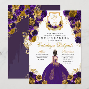 Invitación Morado y oro Floral Elegante Quinceañera