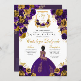Invitación Morado y oro Floral Elegante Quinceañera