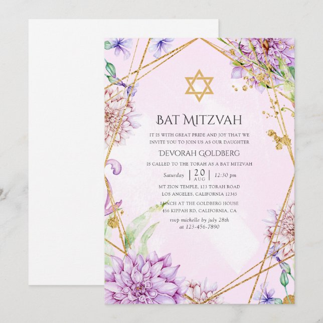 Invitación Morado y oro Floral Geométrica Bat Mitzvah (Anverso / Reverso)