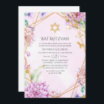 Invitación Morado y oro Floral Geométrica Bat Mitzvah<br><div class="desc">Invitación de mitzvah murciélago geométrico morado y dorado.</div>