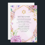 Invitación Morado y oro Floral Geométrica Bat Mitzvah<br><div class="desc">Invitación de mitzvah murciélago geométrico morado y dorado.</div>