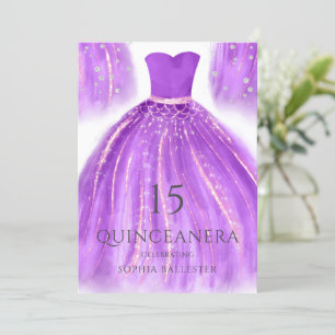 Invitación Morado y oro Maravilloso vestido de sirena Quincea